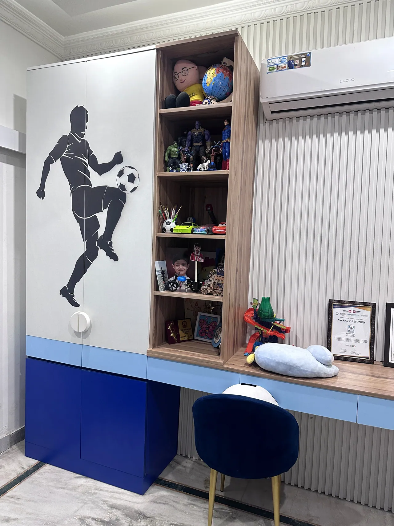 Study and storage zone with football graphics and display shelving