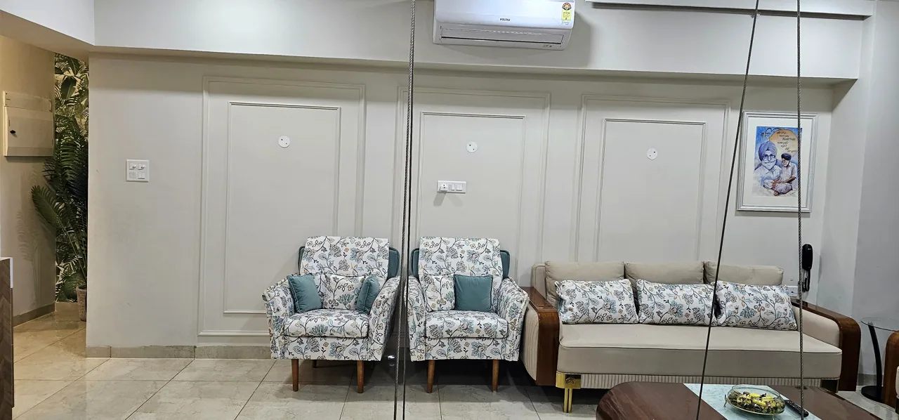 Wide view of the living room in a 3BHK Falcon Society home in Sector 66, Mohali
