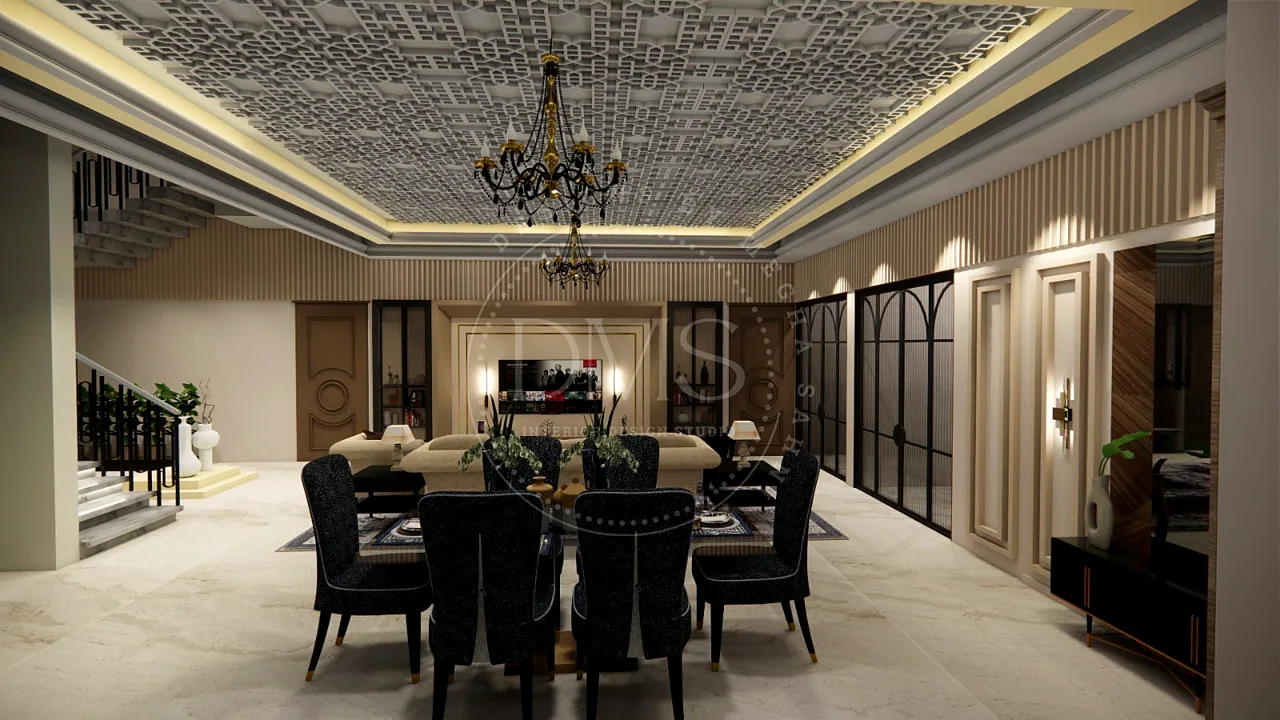 Living and dining zones across the 400-gaj residence