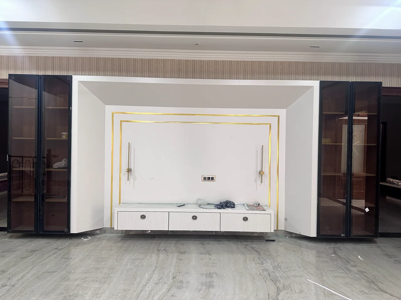 A closer view of the feature wall during installation